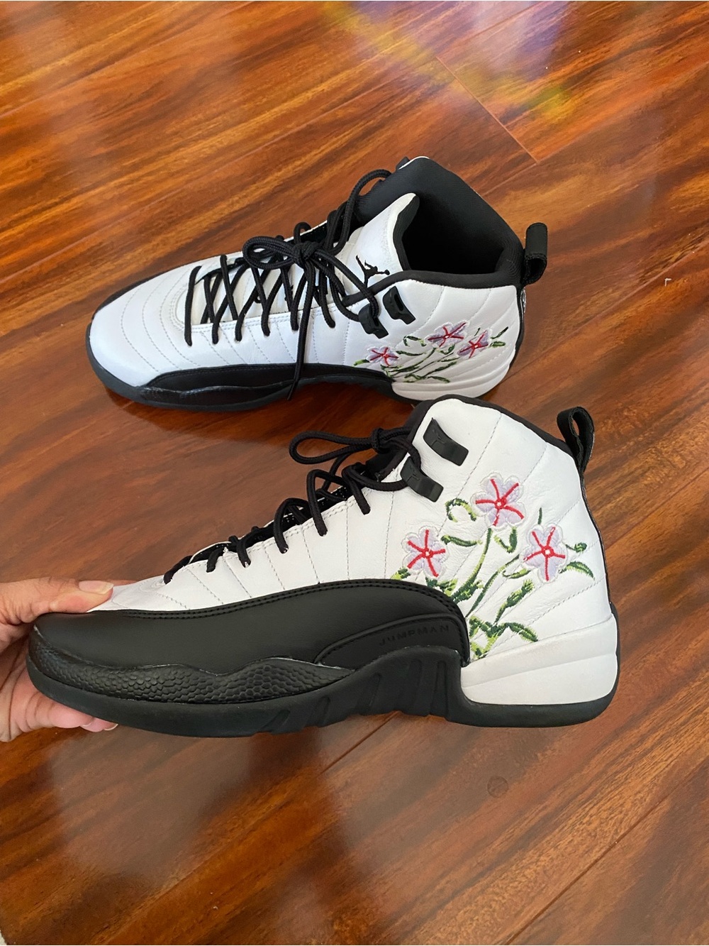 Jordan Air 12 Retro White  Black High-Top Sneakers with Pink Floral Embroidery